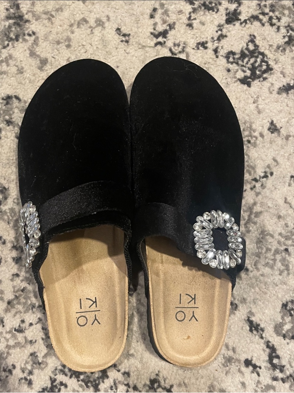 Yoki Black Velvet Mules with Crystal Circle Buckle